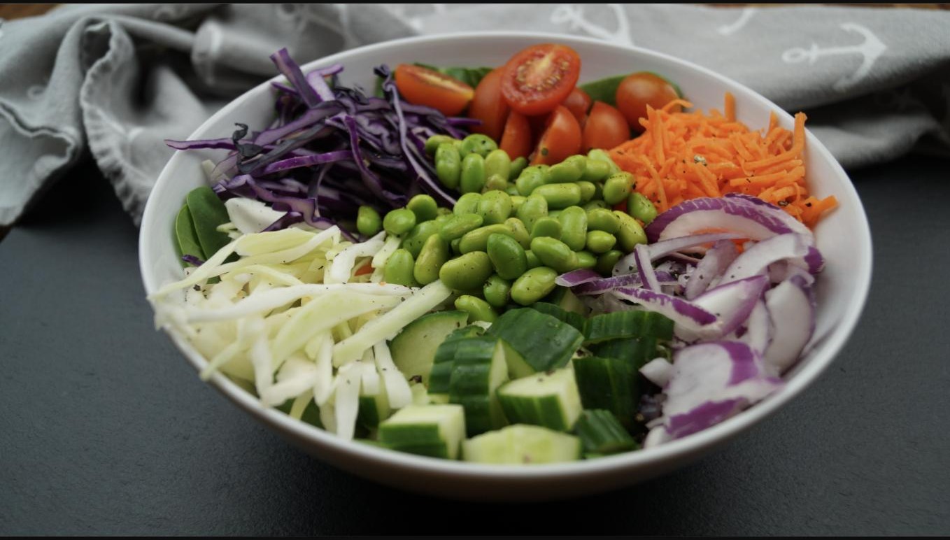 A colorful plant-based grain bowl